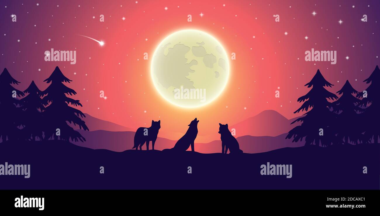 two wolves at purple mountain landscape with full moon and starry sky vector illustration EPS10 Stock Vector