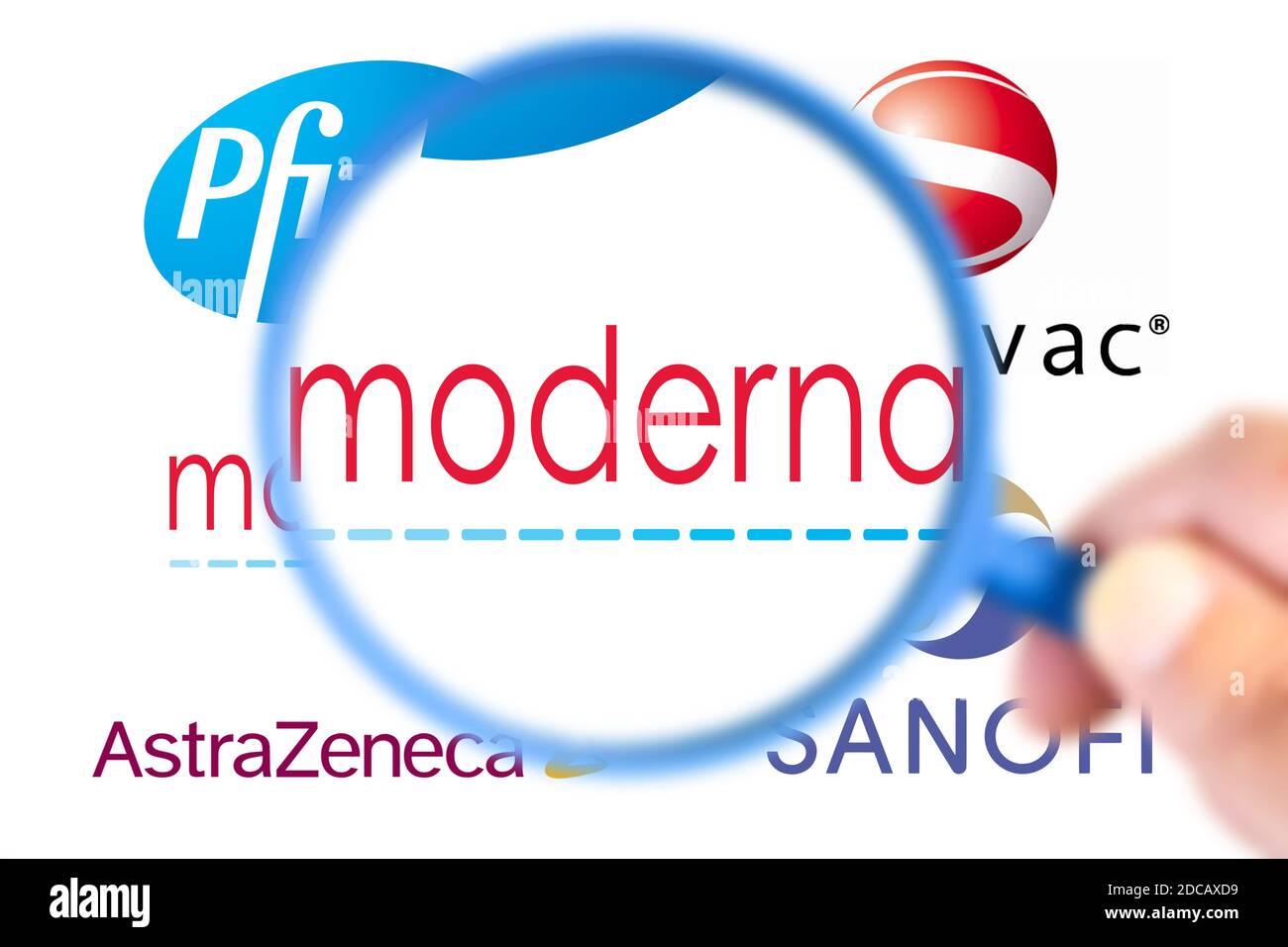 Benon, France - November 20, 2020:Moderna logotype enlarged with a magnifying glass with other logotype laboratories on blurry background Stock Photo