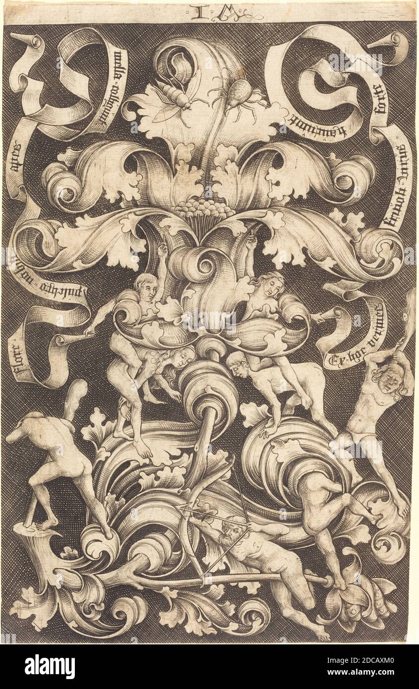 Israhel van Meckenem, (artist), German, c. 1445 - 1503, Ornament with Flower and Eight Wild Folk, engraving Stock Photo