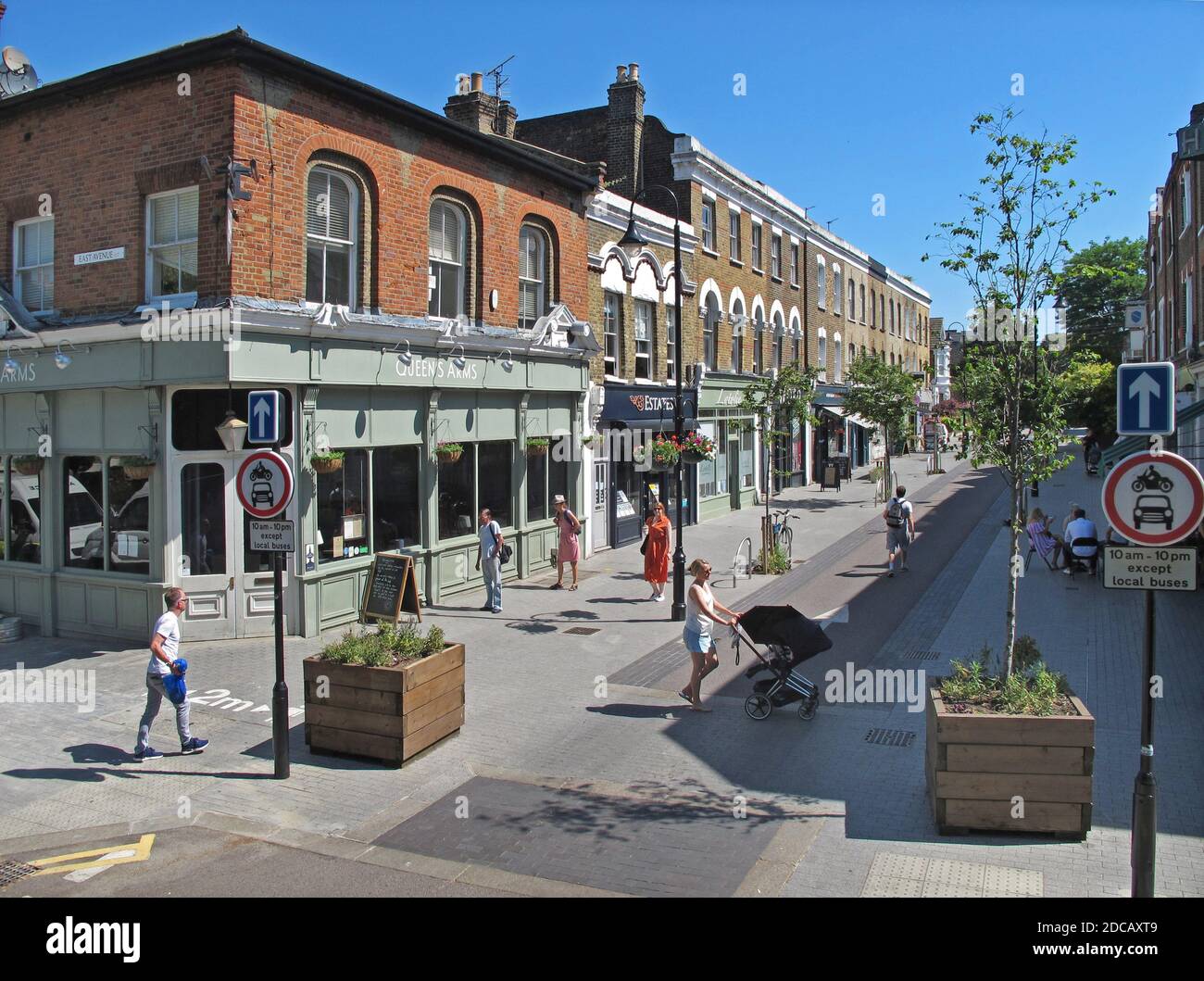 Orford Road, Walthamstow, London, UK. Newly pedestrianised shopping street, part of Waltham Forest's Mini-Holland scheme for safer streets. Stock Photo