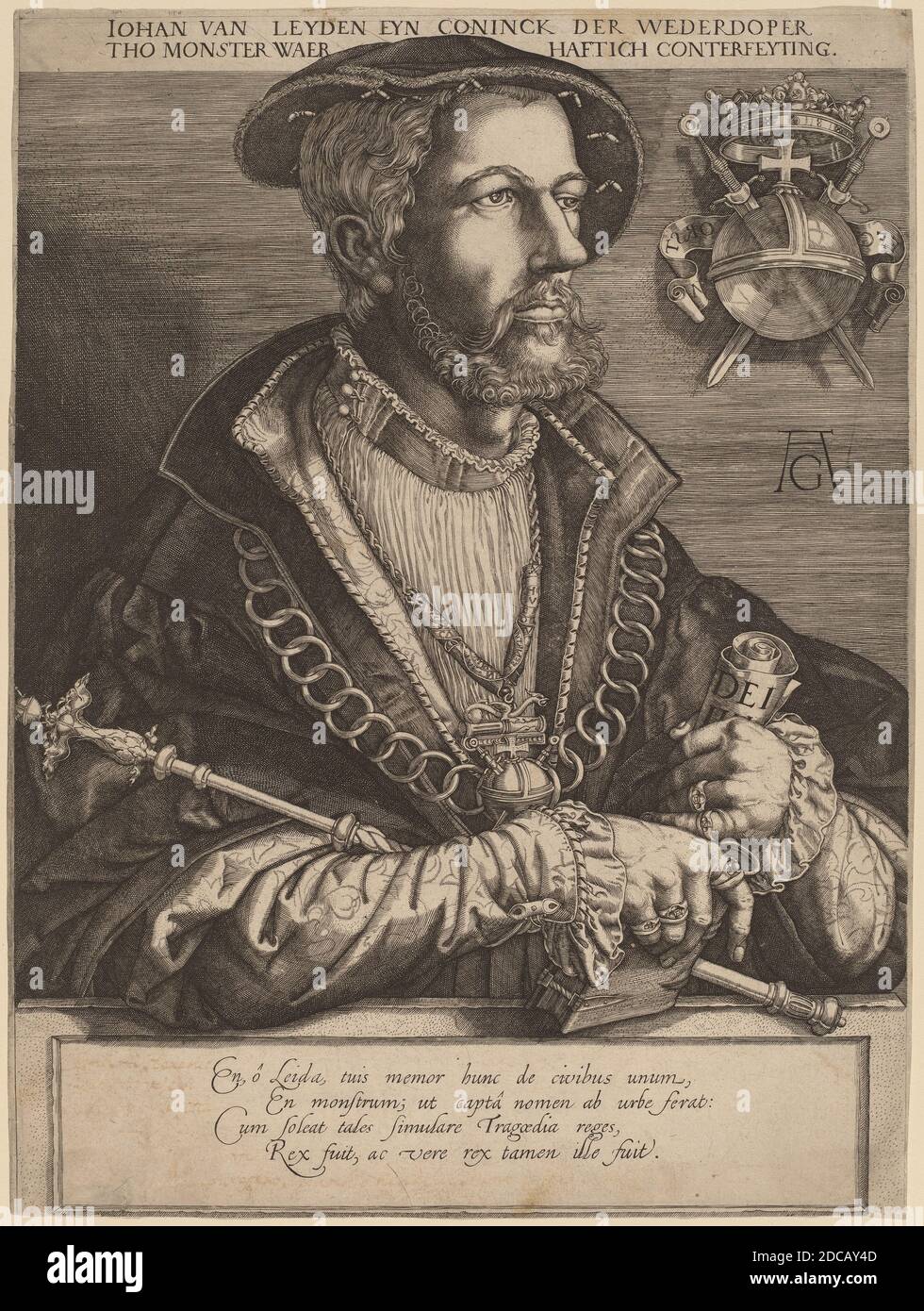 Jan Muller, (artist), Dutch, 1571 - 1628, Heinrich Aldegrever, (artist after), German, 1502 - 1555/1561, Johan van Leyden (Jan Beukels), c. 1615, engraving Stock Photo