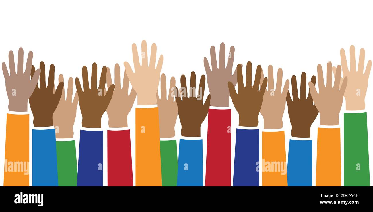 raised hands in different skin colors isolated on white vector ...