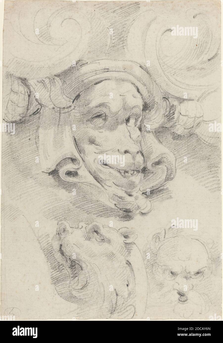 Pierre Puget, (artist), French, 1620 - 1694, Ornamental Sketches with Grotesque Masks, black chalk on laid paper, overall: 29.9 x 20.8 cm (11 3/4 x 8 3/16 in Stock Photo