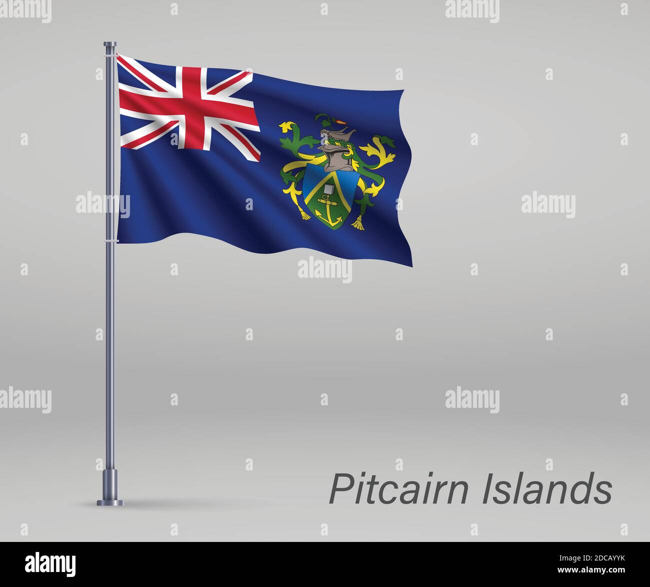 Waving flag of Pitcairn Islands - territory of United Kingdom on flagpole. Template for independence day Stock Vector