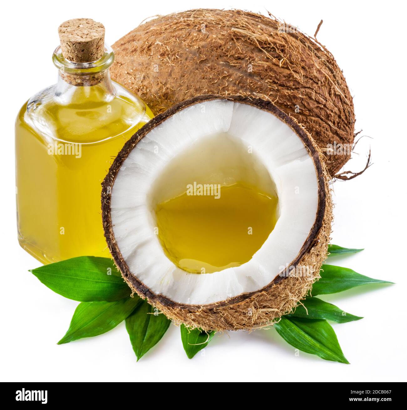 Cracked coconut fruit and coconut oil isolated on white background. Stock Photo