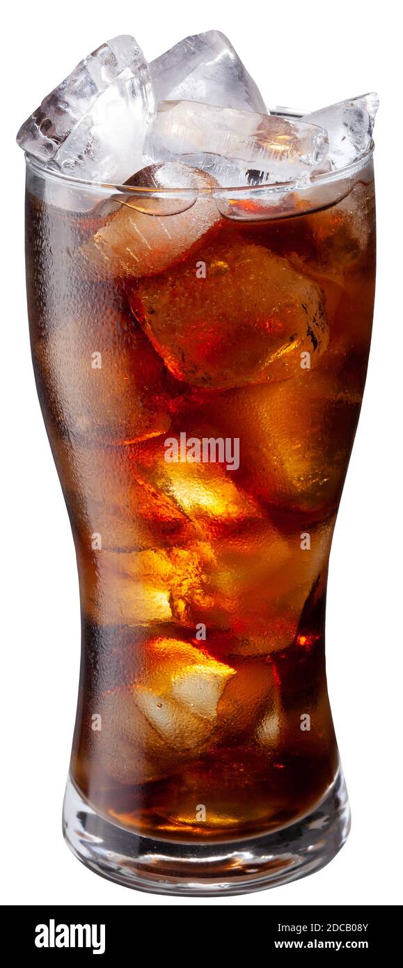 Chilled glass of cola drink with ice cubes isolated on white background ...