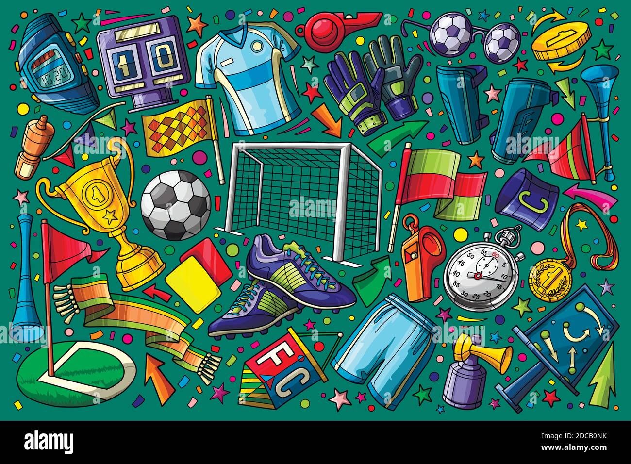 Hand drawn football, soccer doodle set vector illustration background