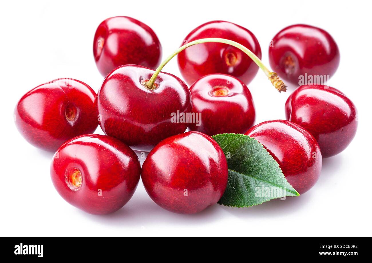 Cherries on white background. Group of raw sweet cherry fruits with a