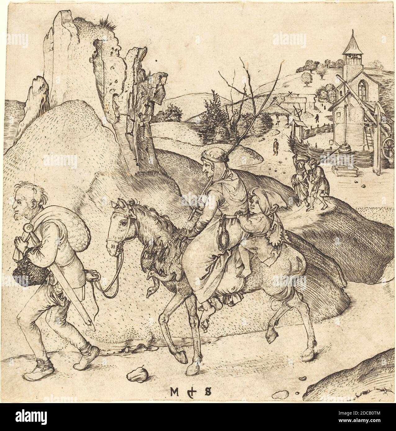 Martin Schongauer, (artist), German, c. 1450 - 1491, Peasant Family Going to Market, c. 1470/1475, engraving on laid paper, sheet (trimmed within plate mark): 16.2 x 16 cm (6 3/8 x 6 5/16 in Stock Photo