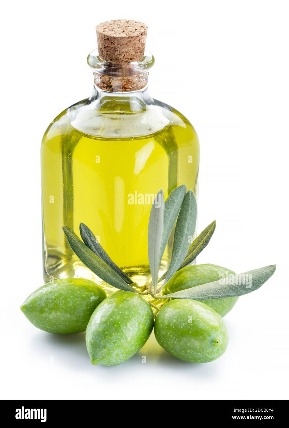 Green natural olives with bottle of olive oil isolated on a white ...