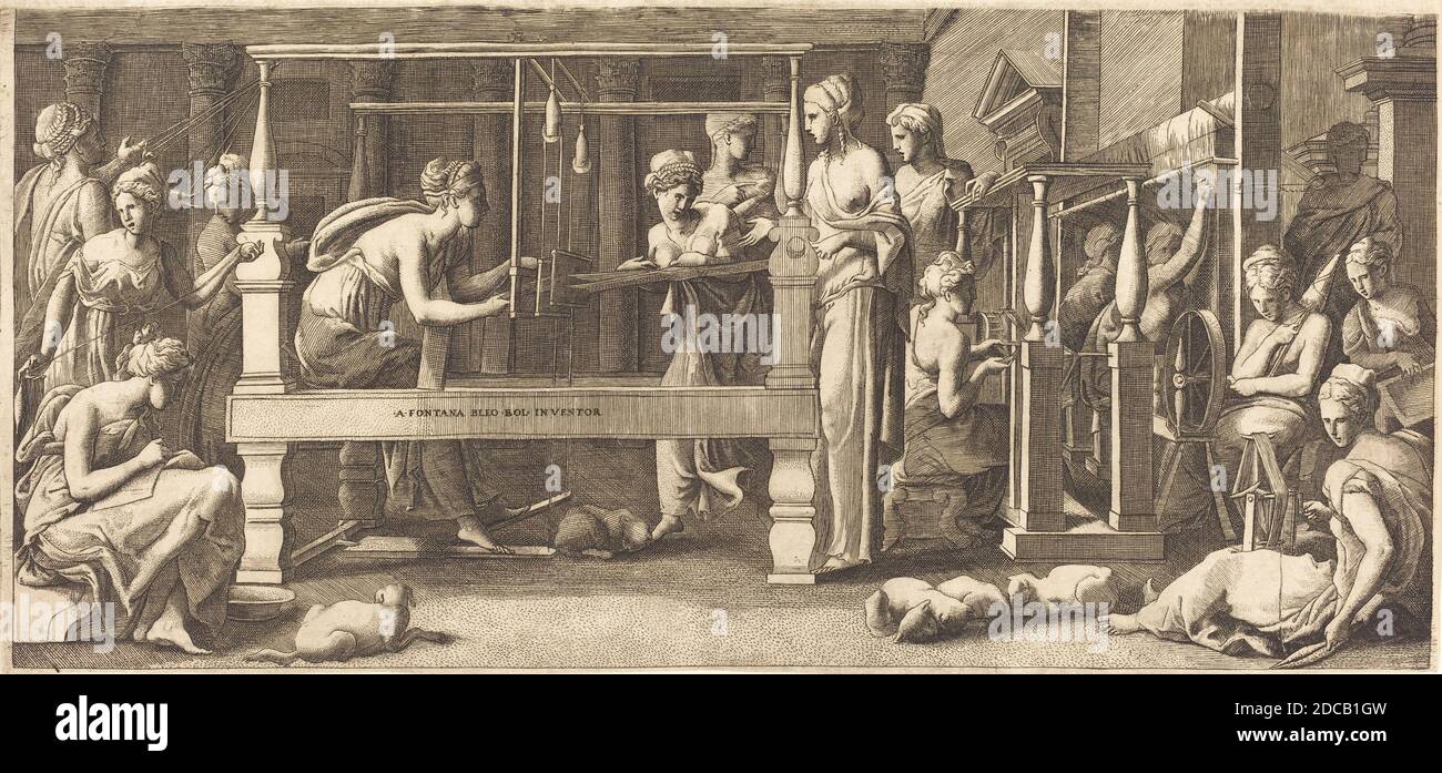 Master FG, (artist), Italian, active 1540s, Francesco Primaticcio, (artist after), Italian, 1504 - 1570, Penelope and Her Maids Weaving, c. 1545, engraving on laid paper, sheet: 21.1 x 44.8 cm (8 5/16 x 17 5/8 in Stock Photo