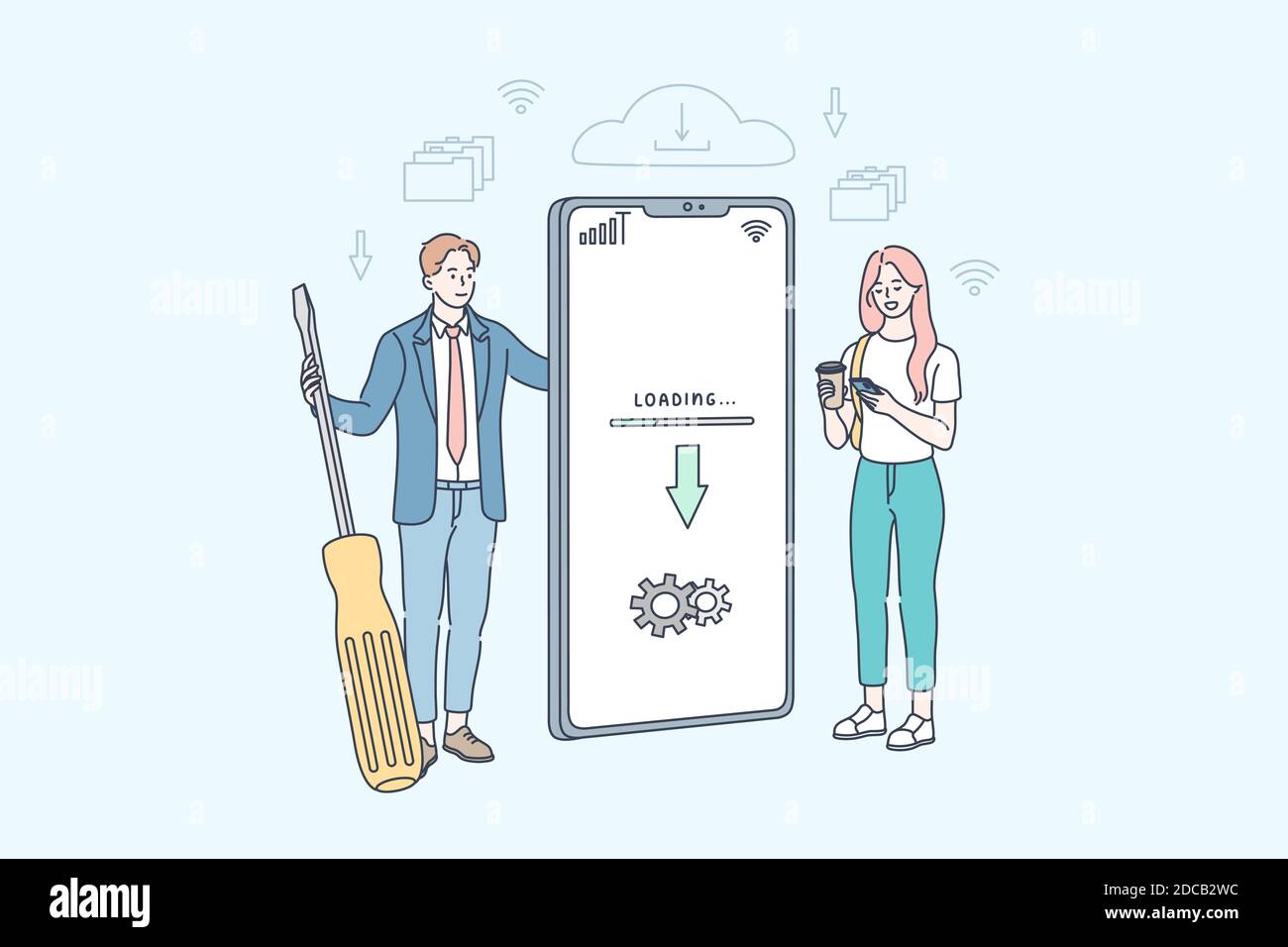 Downloading, service, program, update, repair, business concept. Woman user stands with businessman holds screwdriver near smartphone. Upgrading opera Stock Vector