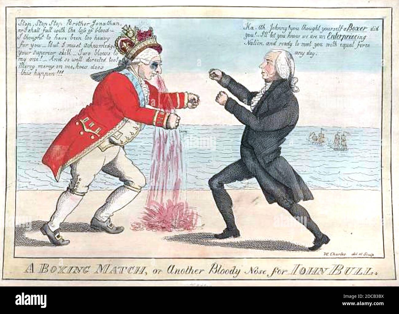 A BOXING MATCH or ANOTHER BLOODY NOSE FOR JOHN BULL by William Charles  published in 1813. The cartoon celebrates American naval successes early in the War of 1812. The English ship Boxer was defeated by the American Enterprise as James Madison tauntingly reminds George III. William Charles (1776-1820) was a Scot who had emigrated to America Stock Photo