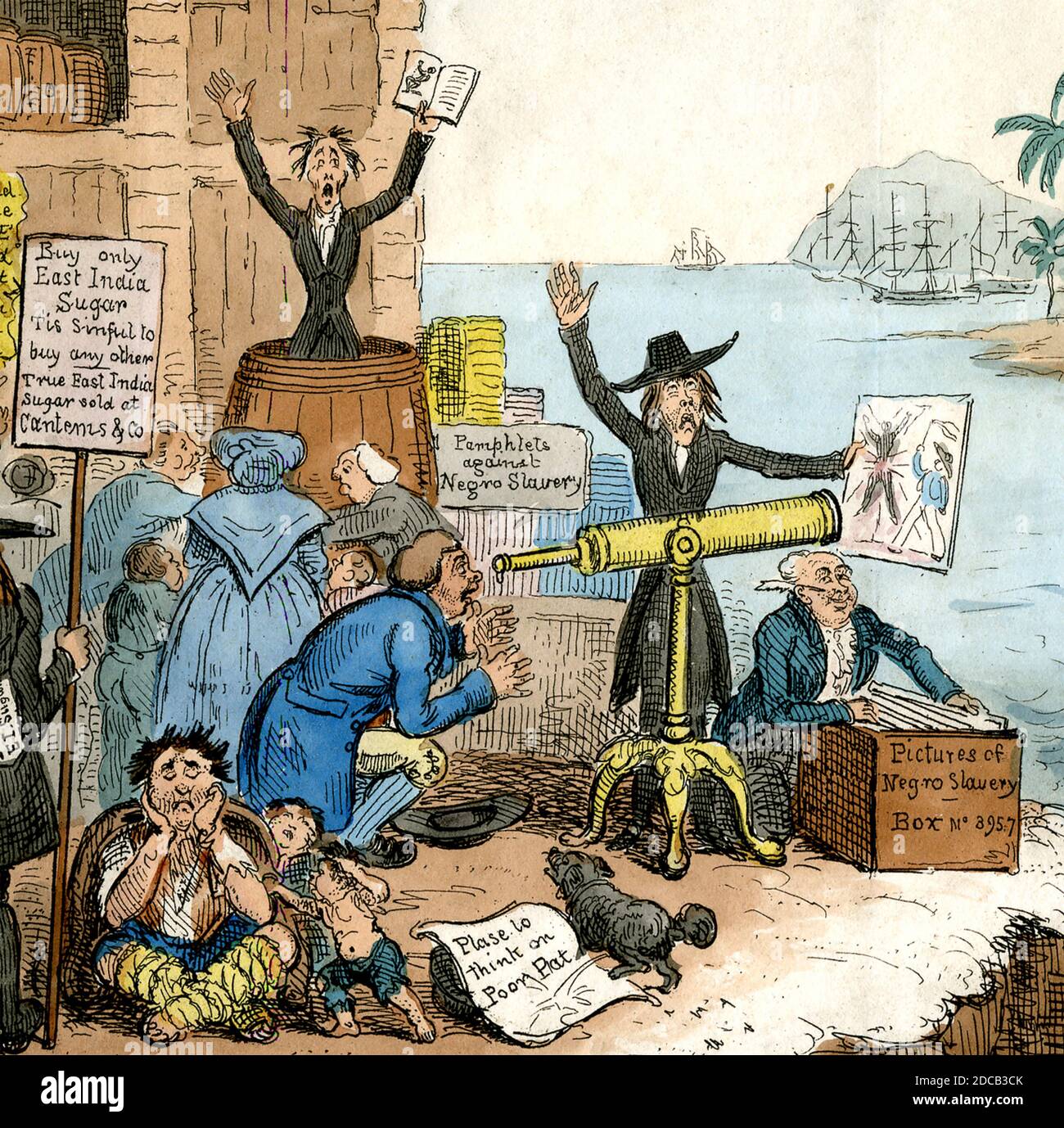 JOHN BULL TAKING  A CLEAR VIEW OF THE NEGRO SLAVERY QUESTION - section of the highly detailed 1826 pro-slavery cartoon by George Cruickshank Stock Photo