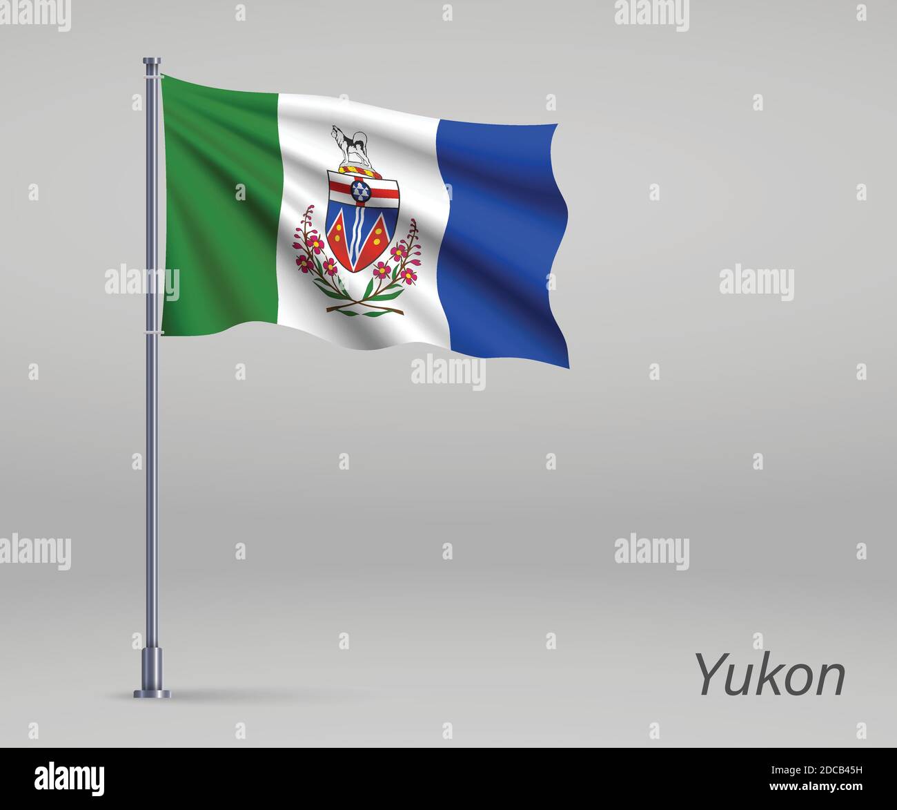 Waving flag of Yukon - province of Canada on flagpole. Template for independence day poster Stock Vector