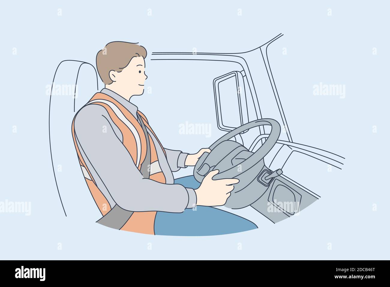 Delivery, driving concept. Young man or boy car driver cartoon character. Truck driver sitting in cabin of vehicle looks on road. Delivering services Stock Vector