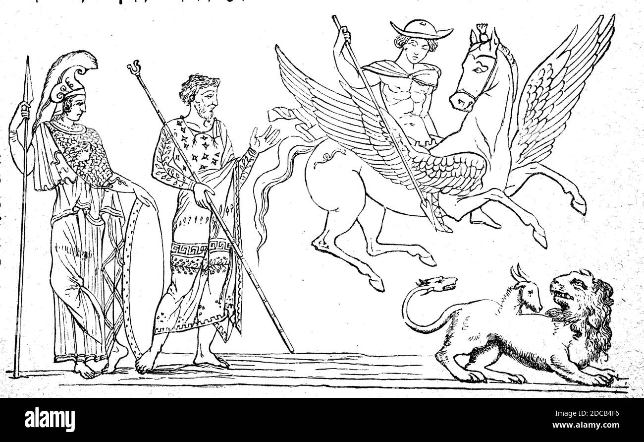 the fight of the Bellerophon, hero of Greek mythology, sitting on Pegasus, with the Chimera in the presence of King Jobate and Athena  /  Kampf des Bellerophon, Held der griechischen Mythologie, auf Pegasus sitzend, mit der Chimäre in Gegenwart des Königs Jobates und der Athene, Historisch, historical, digital improved reproduction of an original from the 19th century / digitale Reproduktion einer Originalvorlage aus dem 19. Jahrhundert, Stock Photo