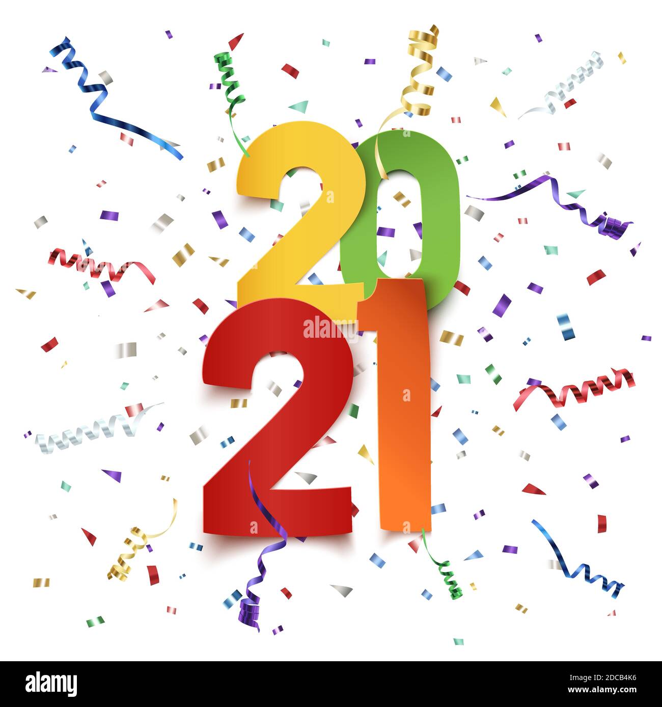 Happy New Year 2021. Colorful design with ribbons and confetti. Stock Vector