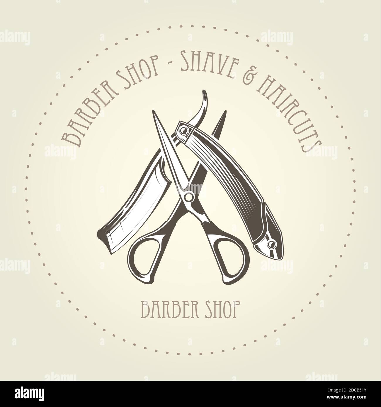 Barbershop emblem with old straight razor and scissors overlapping, barber shop logo vector Stock Vector