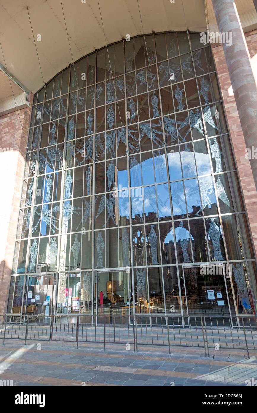 Glass engravings by John Hutton, Great West Screen of Coventry Cathedral, England, UK Stock