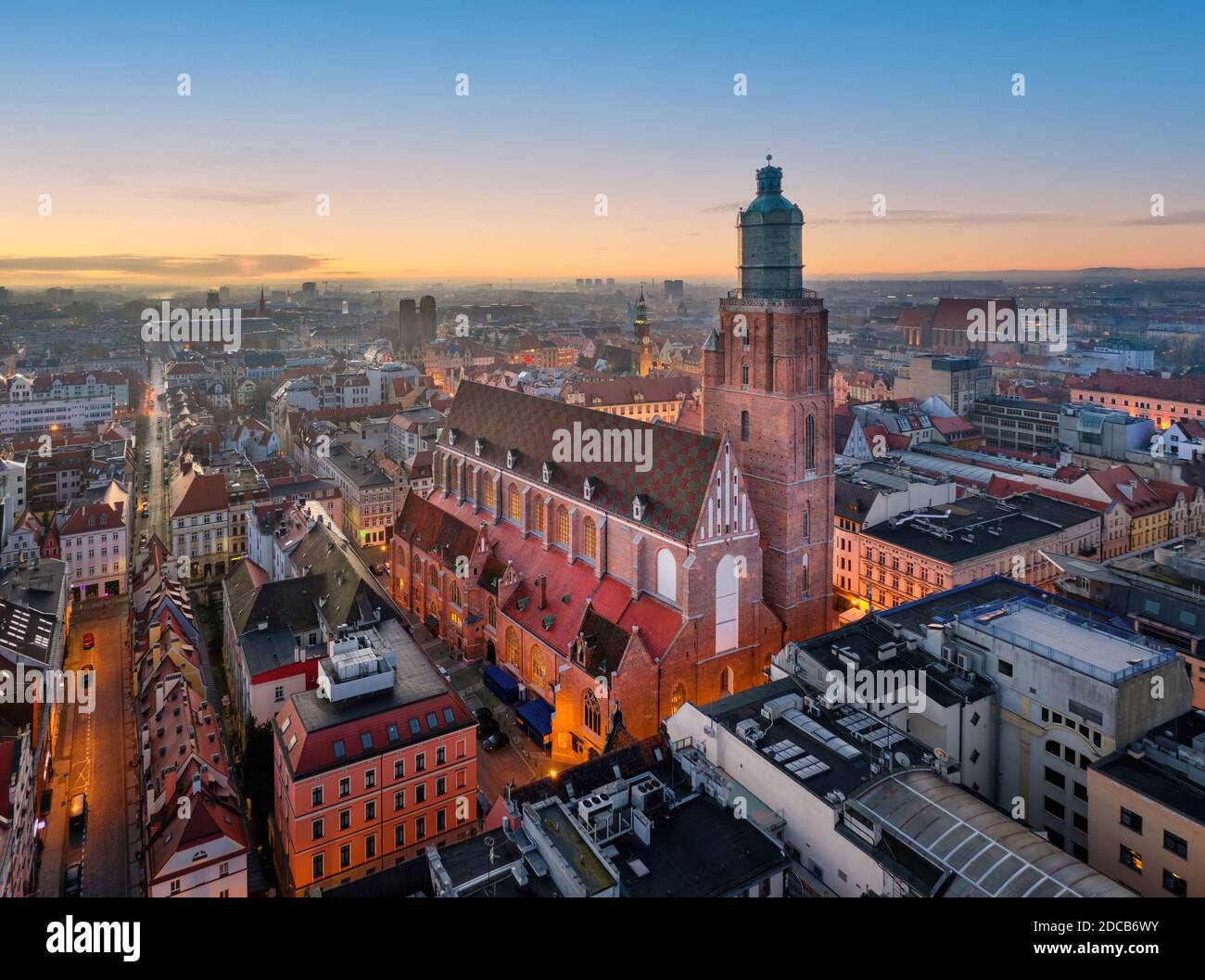Wroclaw, Poland. Aerial view of St Elizabeth church on sunrise Stock Photo