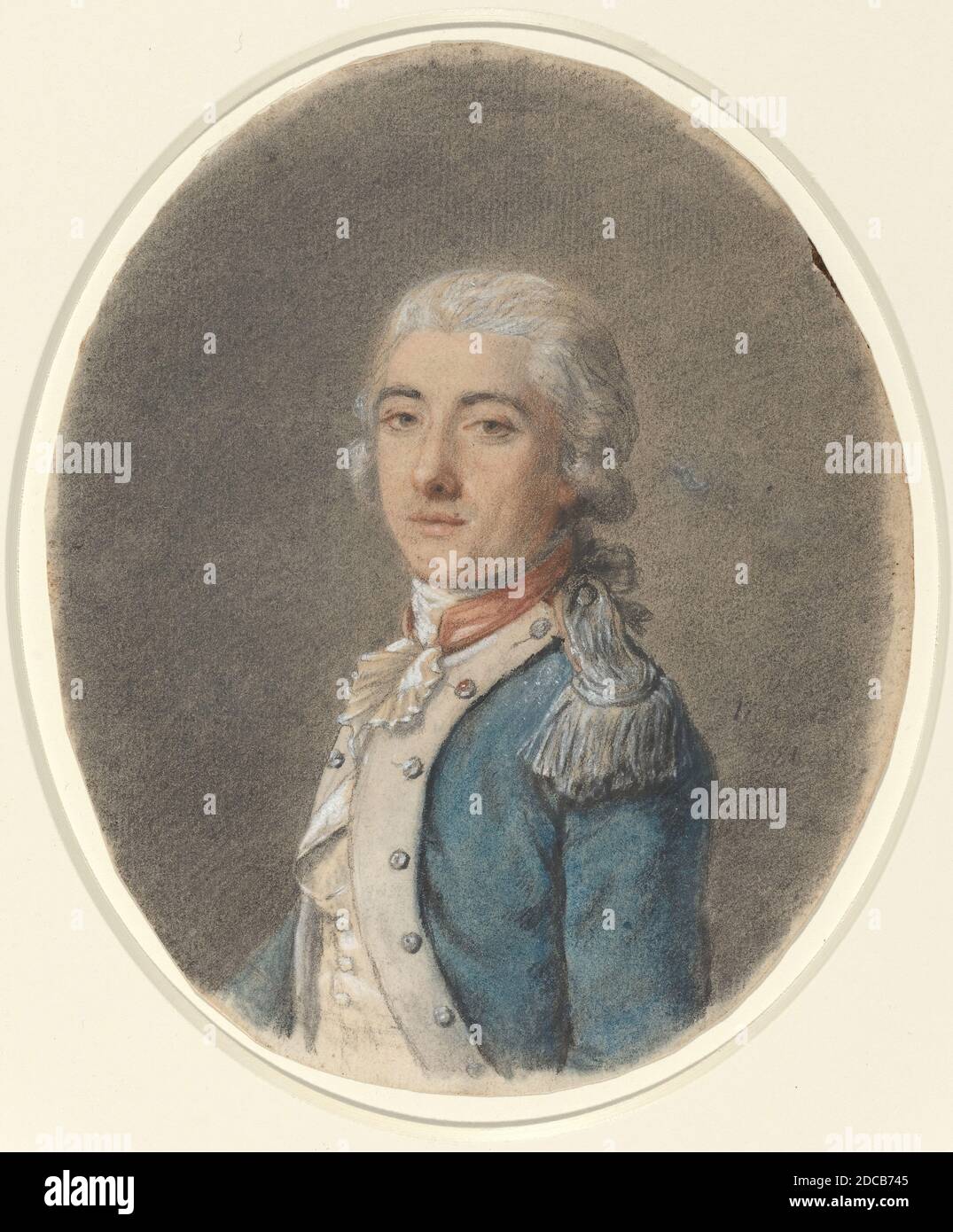 French 18th Century, (artist), Portrait of a Man in a Military Uniform, 18th century, black, blue, and red chalk heightened with white on laid paper, overall (oval): 19.3 x 15.9 cm (7 5/8 x 6 1/4 in Stock Photo
