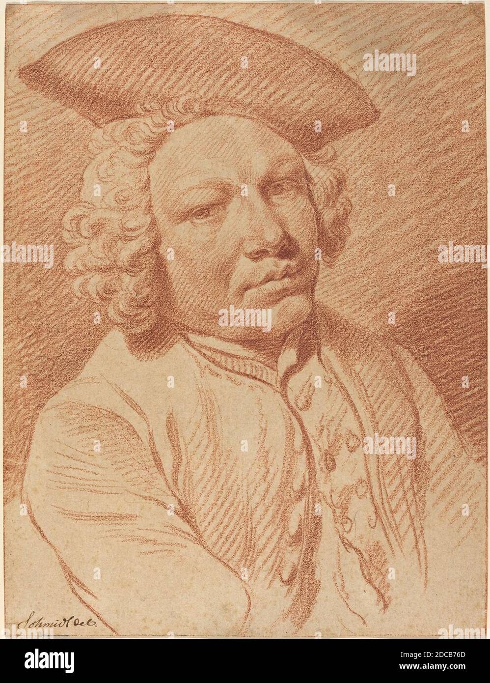 Georg Friedrich Schmidt, (artist), German, 1712 - 1775, Portrait of a Man in a Tricorn Hat, red chalk on laid paper; laid down, overall: 25.6 x 19.5 cm (10 1/16 x 7 11/16 in Stock Photo