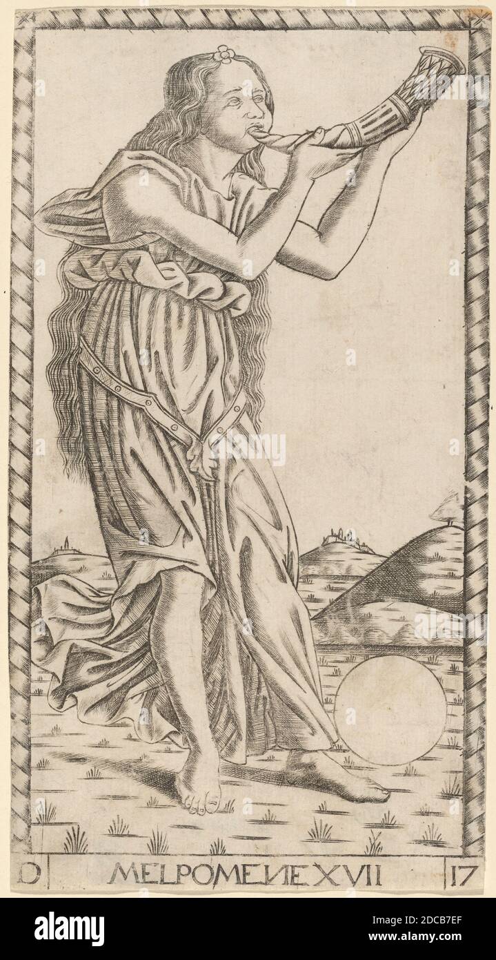 Master of the S-Series Tarocchi, (artist), Ferrarese, active c. 1470, Melpomene, S-Series (Apollo and the Muses): no.XVII, (series), probably c. 1470, engraving, sheet: 16.9 x 9.1 cm (6 5/8 x 3 9/16 in Stock Photo