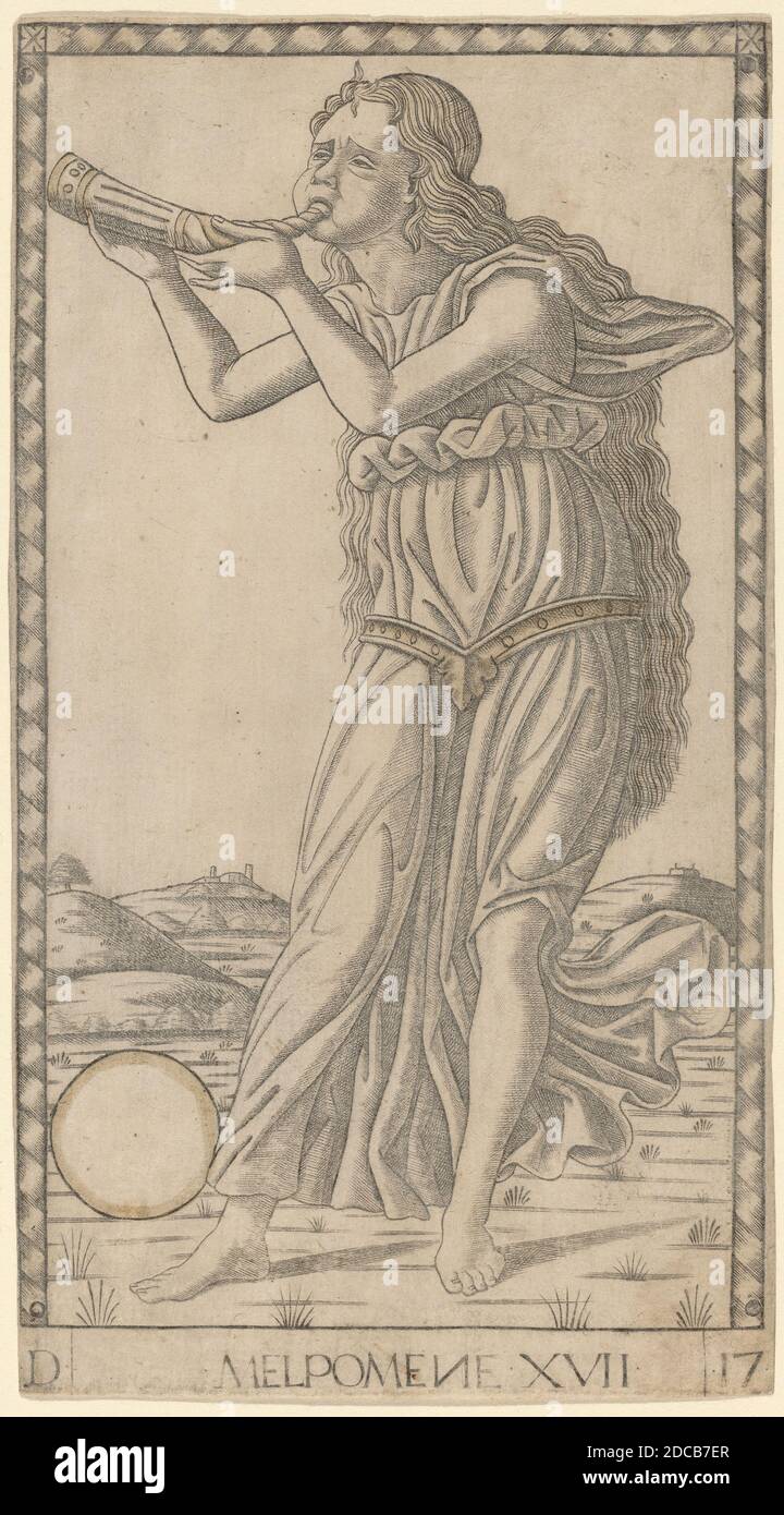 Master of the E-Series Tarocchi, (artist), Ferrarese, active c. 1465, Melpomene, E-Series (Apollo and the Muses): no.XVII, (series), c. 1465, engraving with traces of gilding, sheet: 17.9 x 9.8 cm (7 1/16 x 3 7/8 in Stock Photo