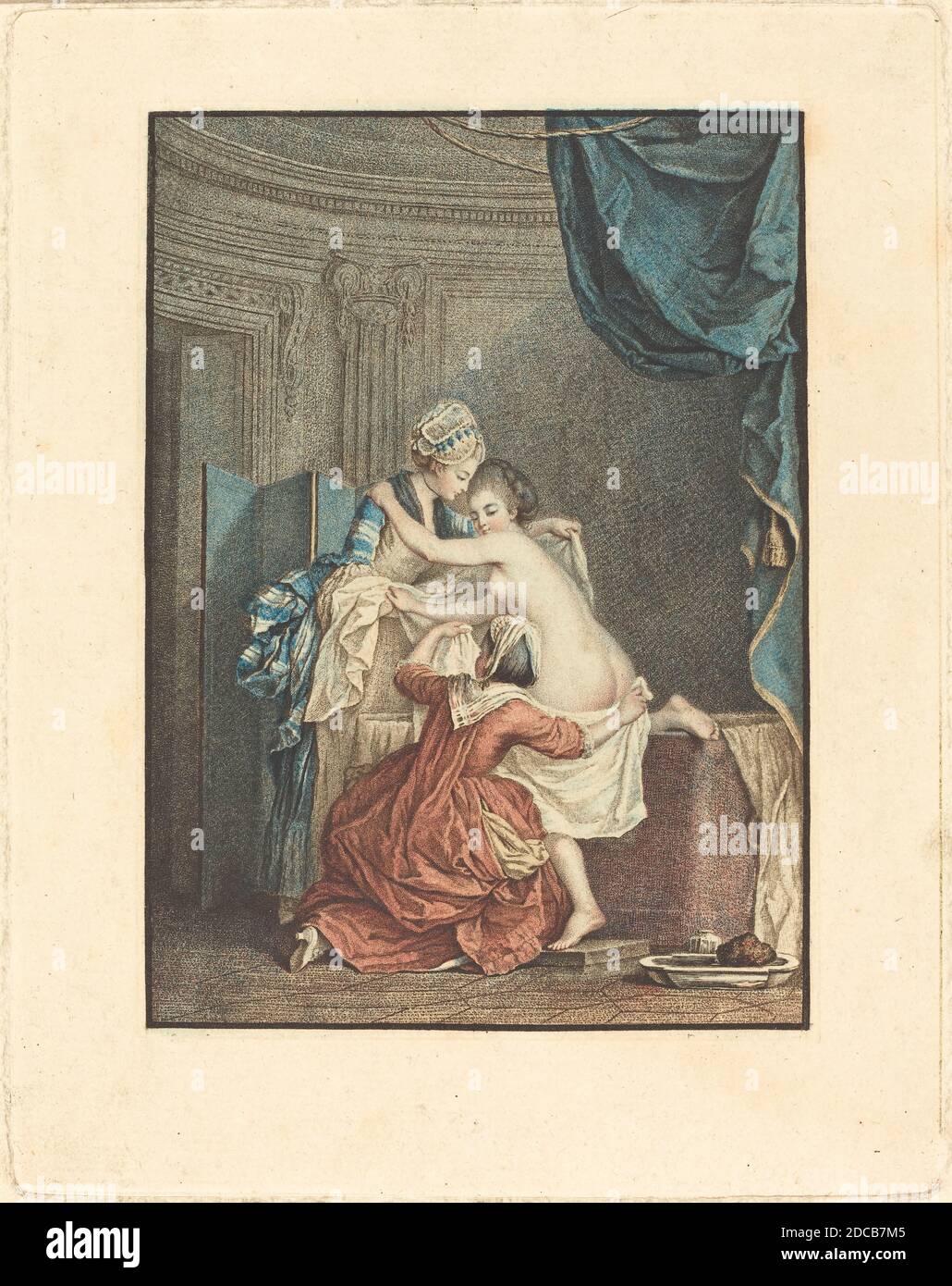 Nicolas François Regnault, (artist), French, 1746 - 1810, Pierre-Antoine Baudouin, (artist after), French, 1723 - 1769, Le bain (The Bath), color stipple etching and etching Stock Photo