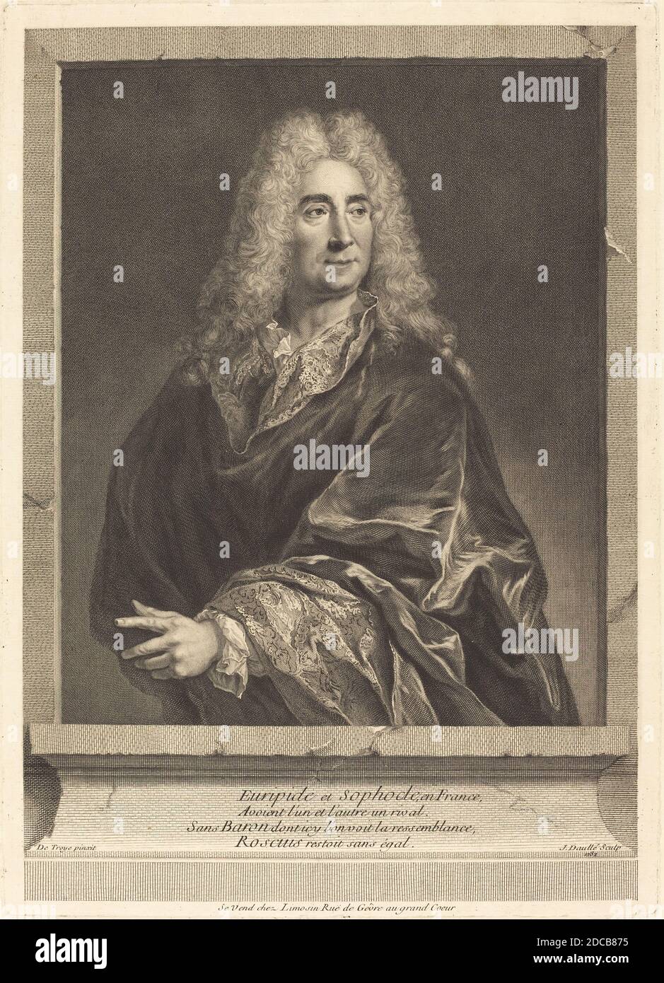 Jean Daullé, (artist), French, 1703 - 1763, François de Troy, (artist after), French, 1645 - 1730, Michel Baron, 1732, engraving on laid paper, plate: 42 x 30 cm (16 9/16 x 11 13/16 in.), sheet: 51 x 38 cm (20 1/16 x 14 15/16 in Stock Photo