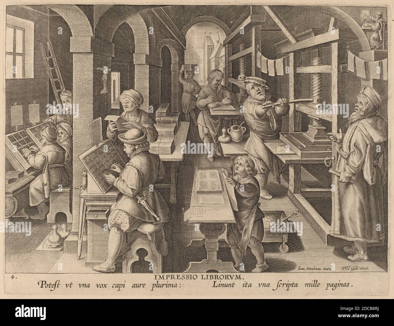 Theodor Galle, (artist), Flemish, c. 1571 - 1633, Jan van der Straet, (artist after), Flemish, 1523 - 1605, Printers at Work: pl.4, New Discoveries, (series), c. 1580/1590, engraving Stock Photo