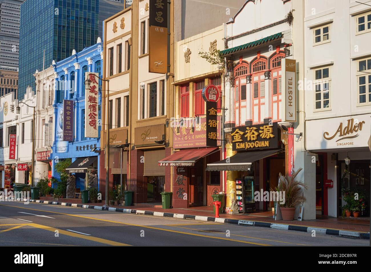 A row of colorful shophouses in South Bridge Road, Chinatown, Singapore Stock Photo