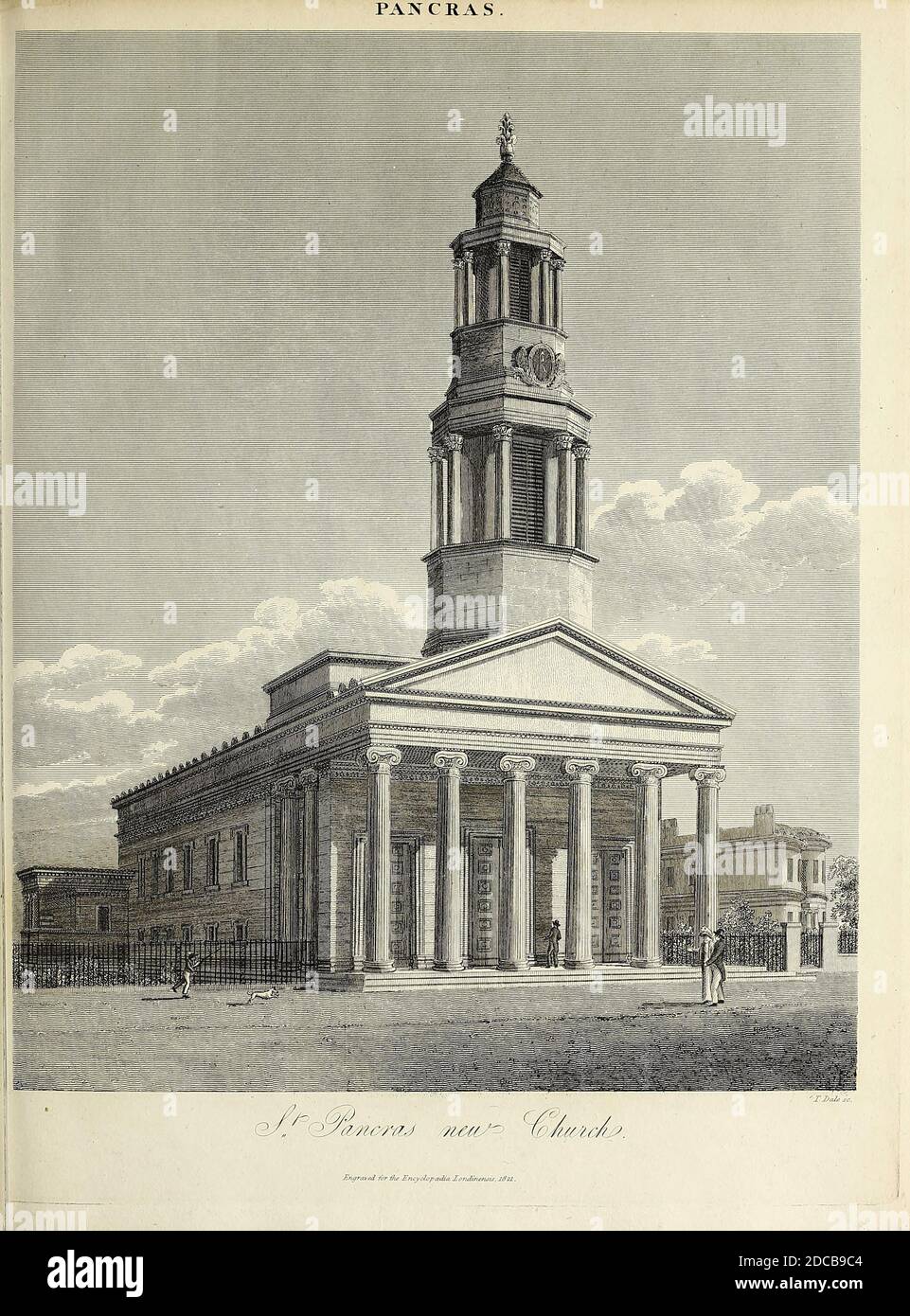 19th century illustration of St. Pancras New Church, London Copperplate engraving From the Encyclopaedia Londinensis or, Universal dictionary of arts, sciences, and literature; Volume XVIII;  Edited by Wilkes, John. Published in London in 1821 Stock Photo