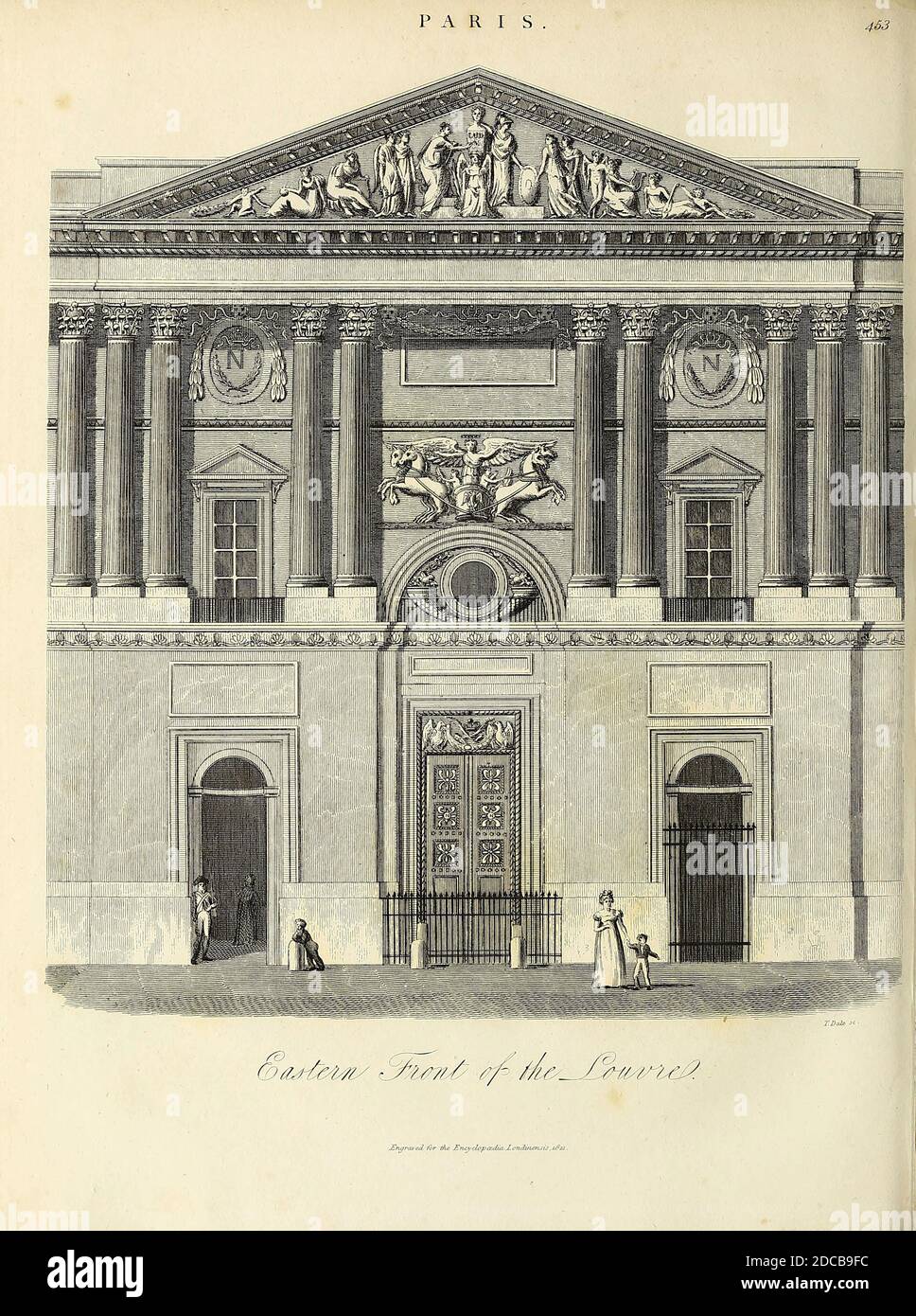 19th Century illustration of the Eastern front of the Louvre, Paris, France Copperplate engraving From the Encyclopaedia Londinensis or, Universal dictionary of arts, sciences, and literature; Volume XVIII;  Edited by Wilkes, John. Published in London in 1821 Stock Photo