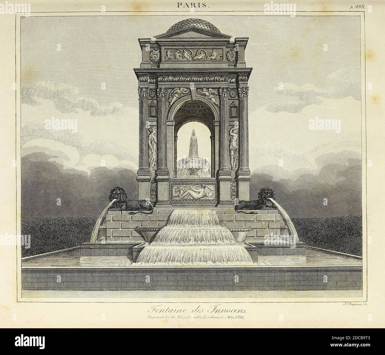 19th Century illustration of the Fountaine des Innocens [Fontaine des Innocents], Paris, France The Fontaine des Innocents is a monumental public fountain located on the place Joachim-du-Bellay in the Les Halles district in the 1st arrondissement of Paris, France. Originally called the Fountain of the Nymphs, it was constructed between 1547 and 1550 by architect Pierre Lescot and sculptor Jean Goujon in the new style of the French Renaissance. It is the oldest monumental fountain in Paris. Copperplate engraving From the Encyclopaedia Londinensis or, Universal dictionary of arts, sciences, and Stock Photo
