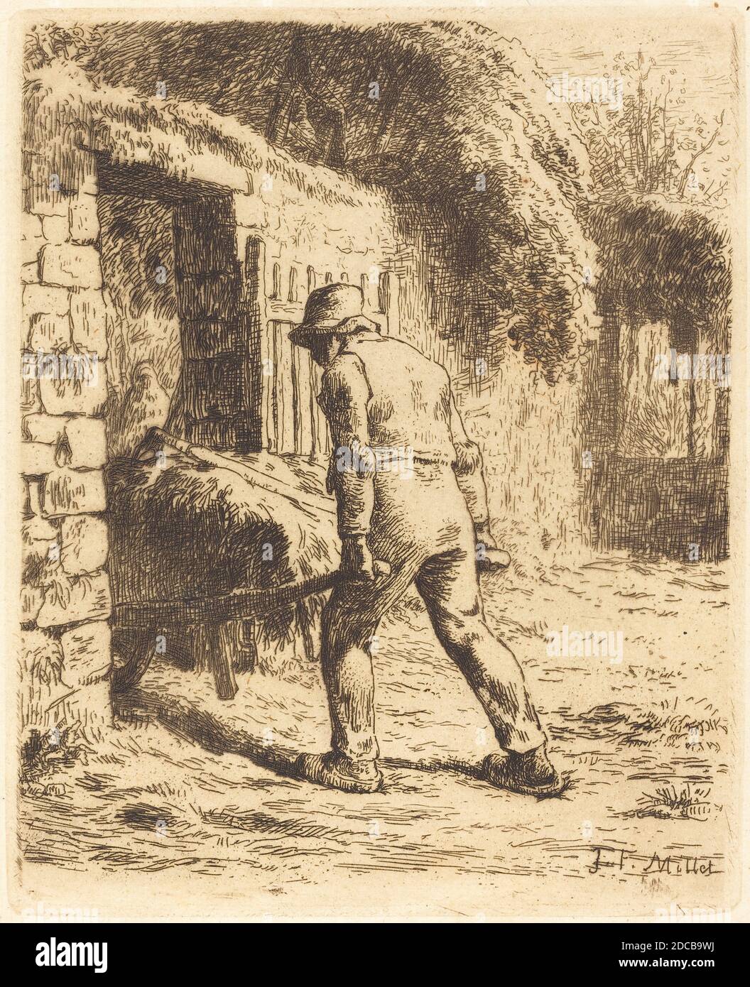 Jean-François Millet, (artist), French, 1814 - 1875, Man with Wheelbarrow (Le paysan rentrant du fumier), 1855, etching Stock Photo