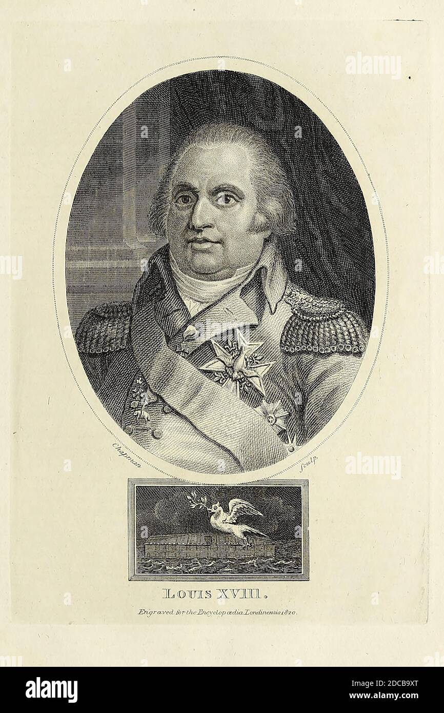 Louis XVIII (Louis Stanislas Xavier; 17 November 1755 – 16 September 1824), known as the Desired (French: le Désiré), was King of France from 1814 to 1824, except for the Hundred Days in 1815. He spent twenty-three years in exile: during the French Revolution and the First French Empire (1791–1814), and during the Hundred Days. Copperplate engraving From the Encyclopaedia Londinensis or, Universal dictionary of arts, sciences, and literature; Volume XVIII;  Edited by Wilkes, John. Published in London in 1821 Stock Photo