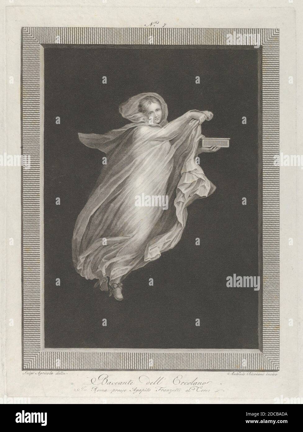 A bacchante wearing a hooded shawl and holding a box in her left hand, set against a black background inside a rectangular frame, ca. 1795-ca. 1820. Stock Photo