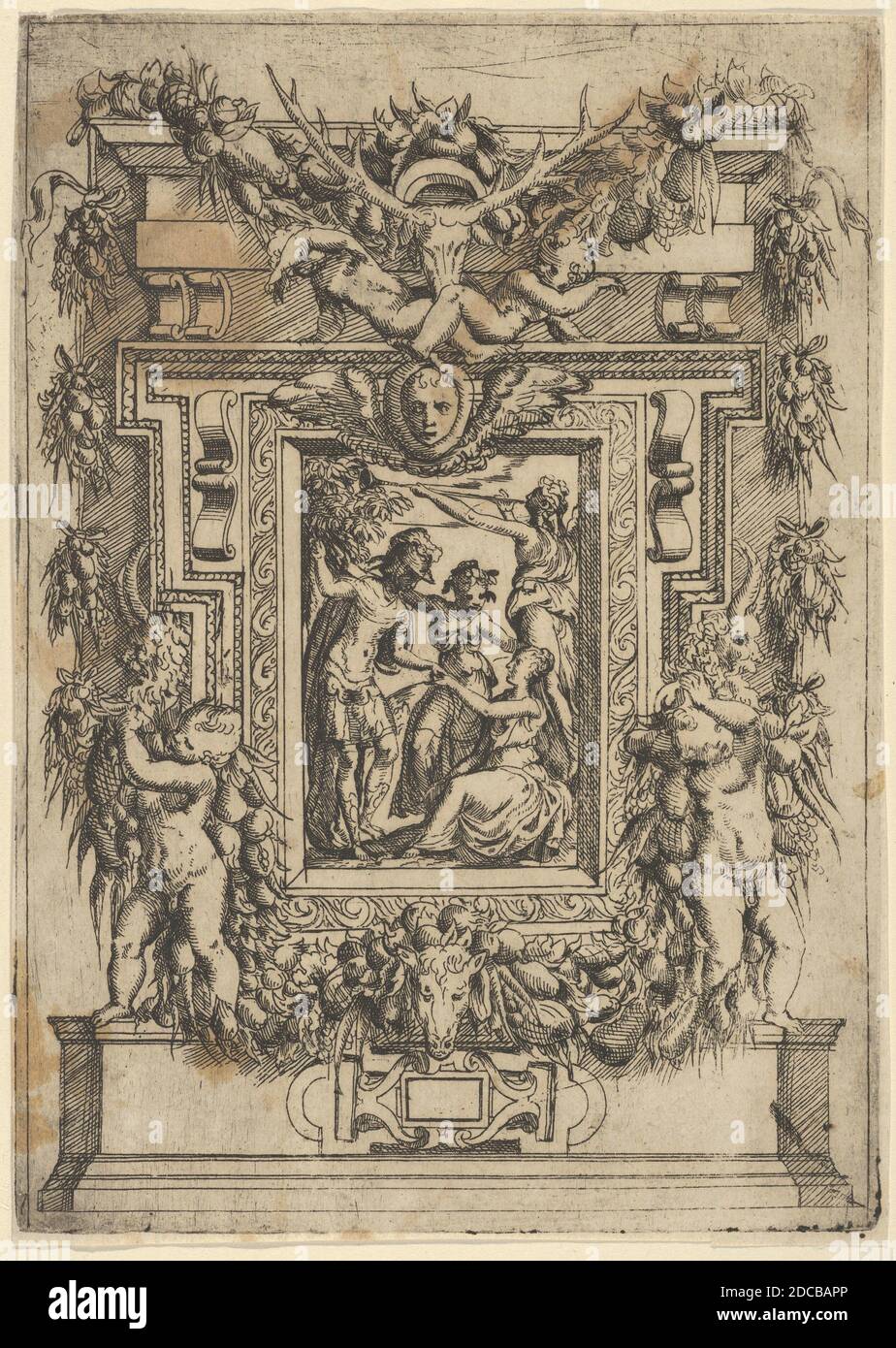 A young man offers his hand to a seated woman, another woman stands between them and a third blows a trumpet behind them, set within an elaborate frame, ca. 1540-80. Formerly attributed to Andrea Schiavone. Stock Photo