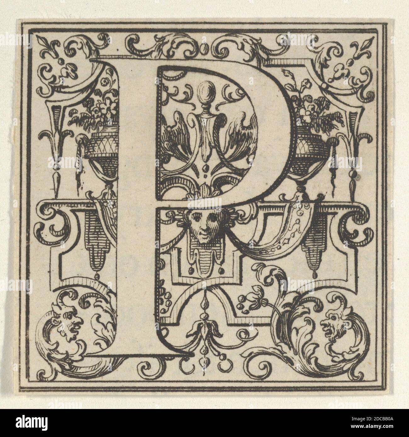 Roman Alphabet letter P with Louis XIV decoration, 18th century. Stock Photo