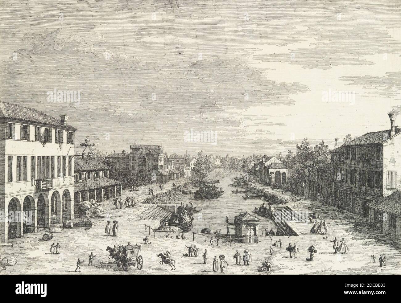 View of Mestre, an inn at left and other various buildings lining the canal, from 'Views' (Vedute altre prese da i luoghi altre ideate da Antonio Canal), 1735-46. Stock Photo
