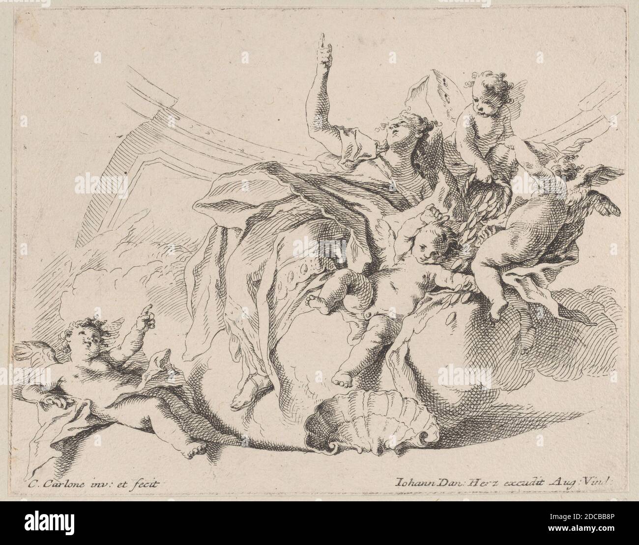 Wealth, represented by a woman seated on clouds and surrounded by putti, one of whom is pouring coins, 1725-75. Stock Photo