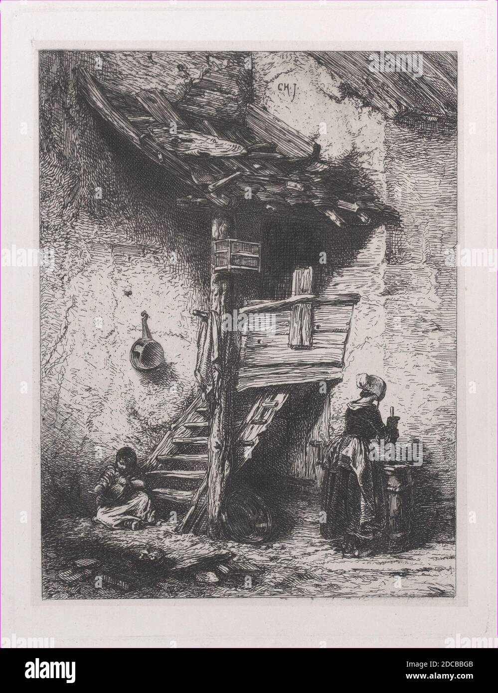 Stairs and Woman Churning, 1845. Stock Photo