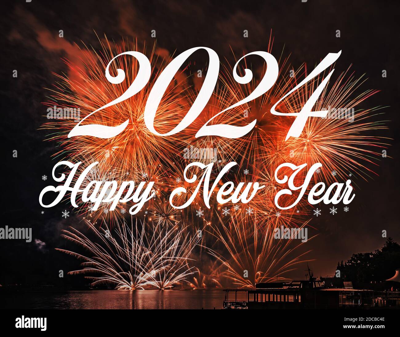 Happy new year 2024 with fireworks background. Celebration New Year 2024 Stock Photo