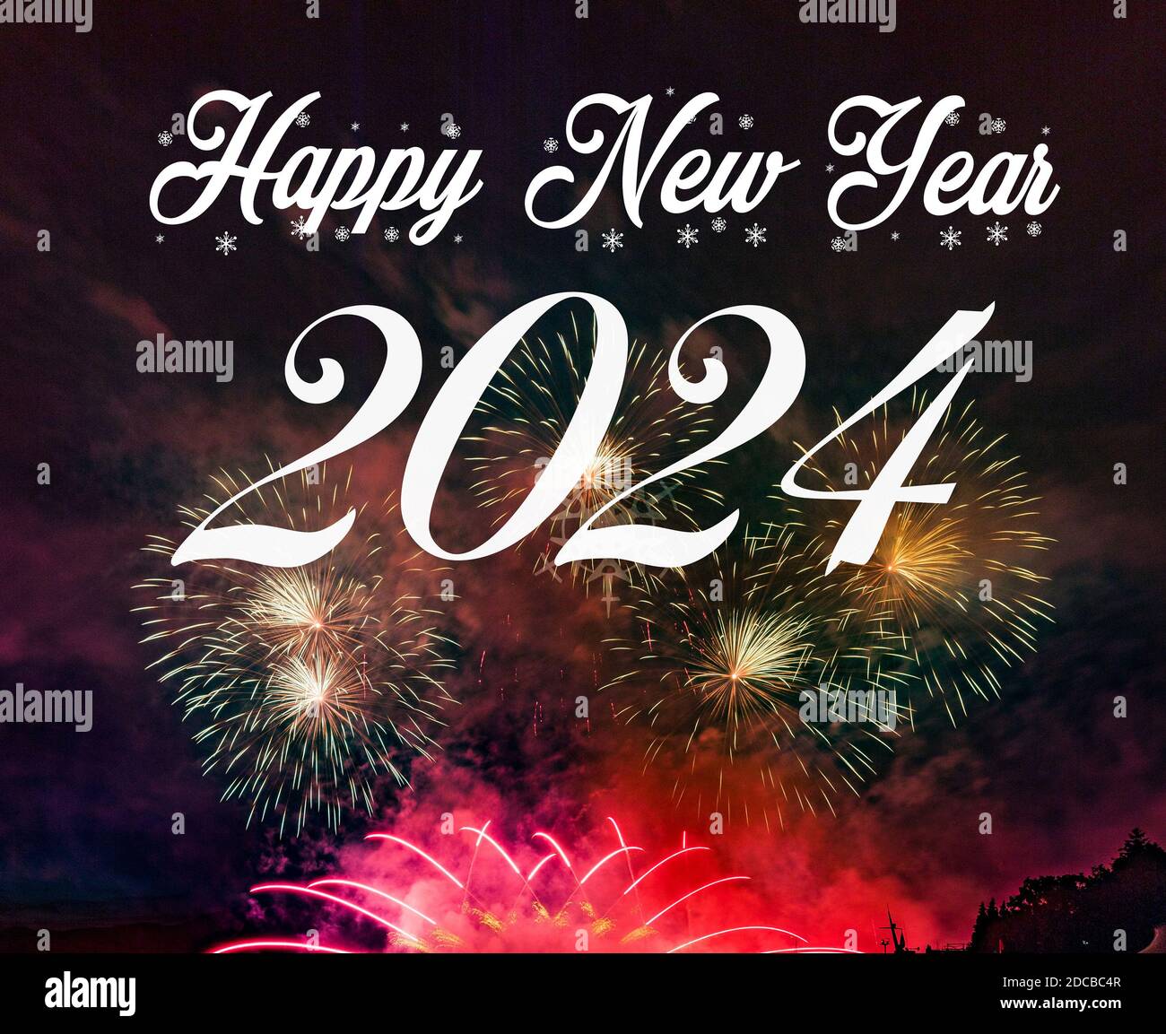 Happy new year 2024 with fireworks background. Celebration New Year 2024 Stock Photo