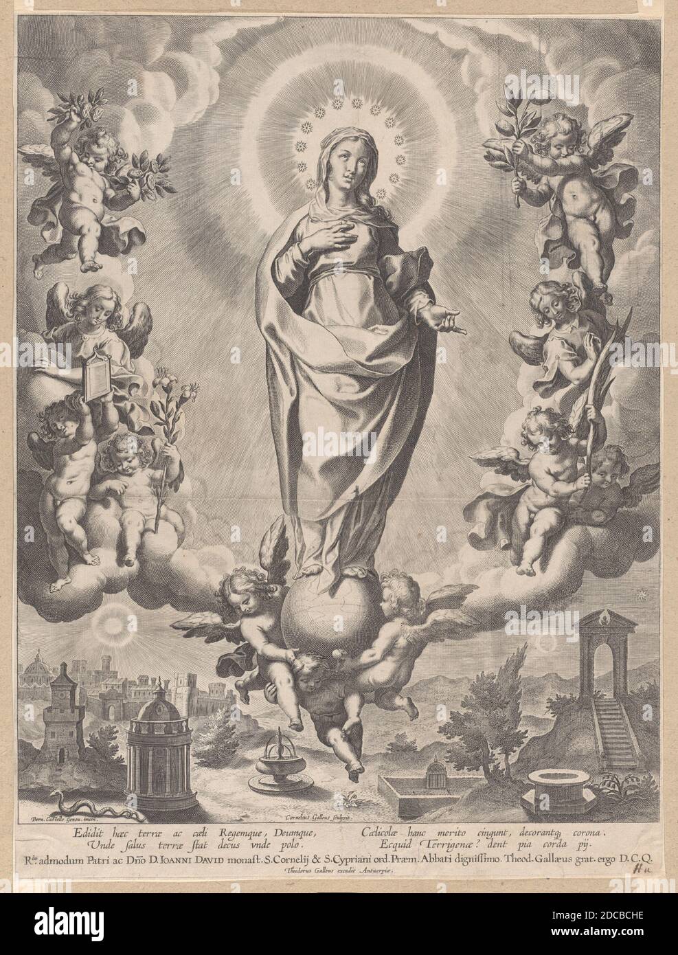 The Virgin in Glory, standing on clouds and surrounded by angels holding the symbols of the Immaculate Conception, 1595-1633. Stock Photo