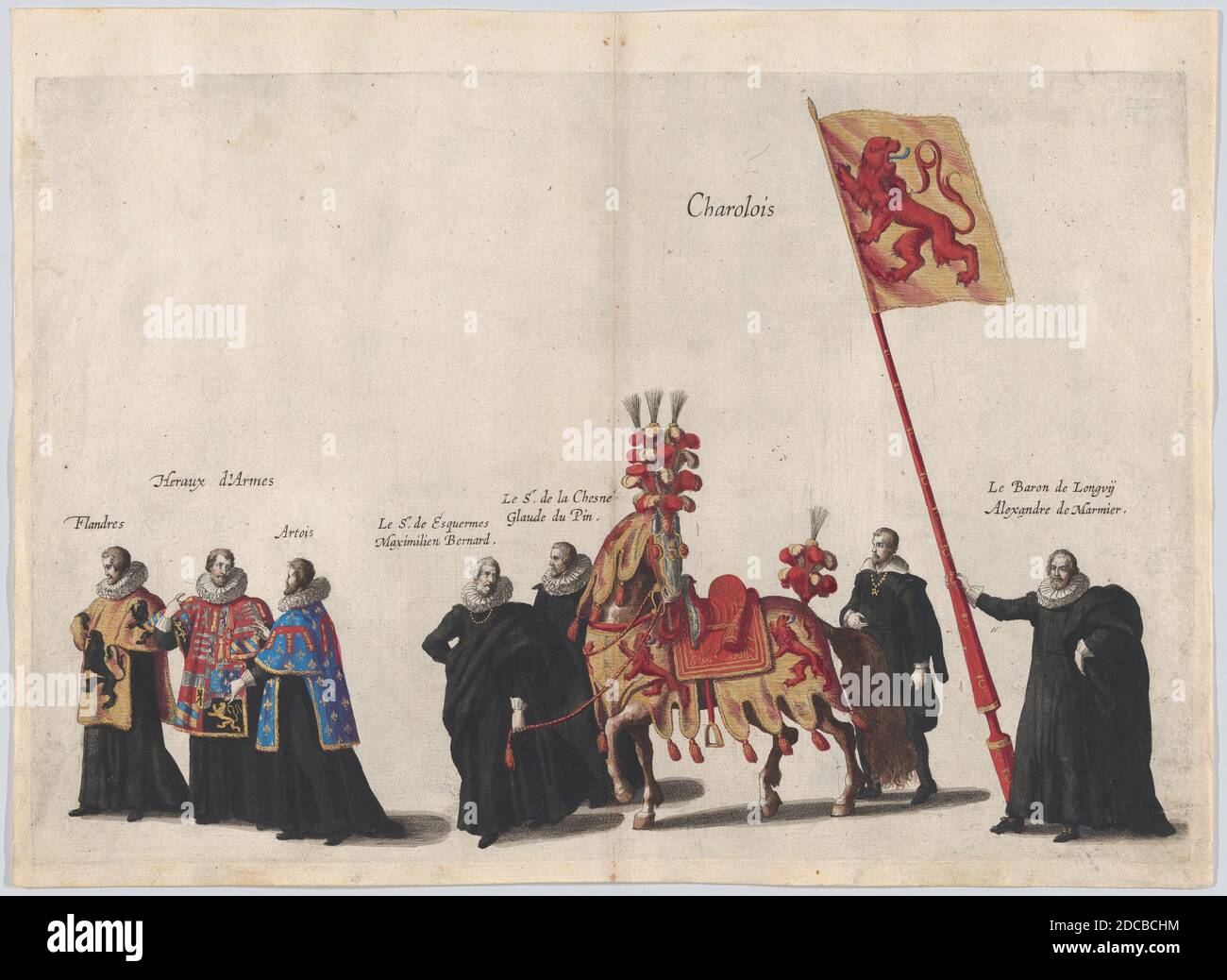 Plate 35: Men with heraldic flags and horses from Charolois marching in the funeral procession of Archduke Albert of Austria; from 'Pompa Funebris ... Alberti Pii', 1623. Stock Photo