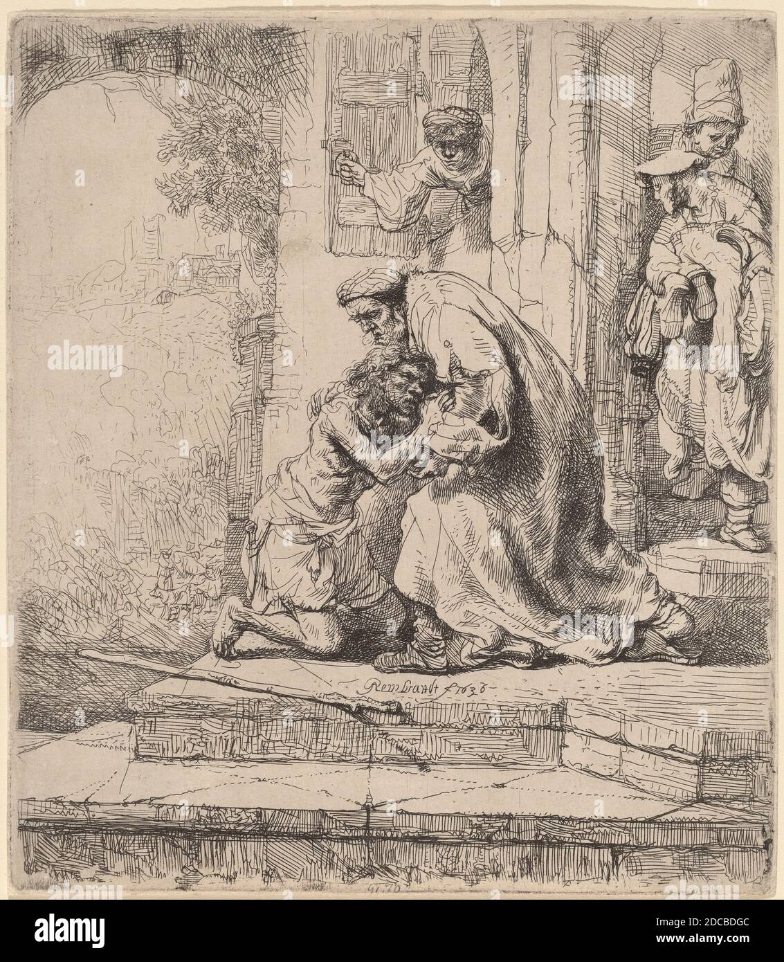 Rembrandt van Rijn, (artist), Dutch, 1606 - 1669, Return of the Prodigal Son, 1636, etching Stock Photo