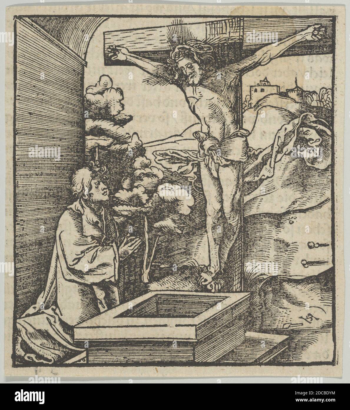 A Man Praying before a Crucifix, from Hymmelwagen auff dem, wer wol lebt..., 1517. Stock Photo